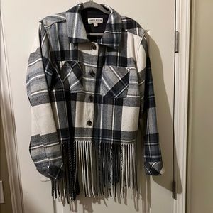 Women's Plaid Fringe Jacket - Black and White